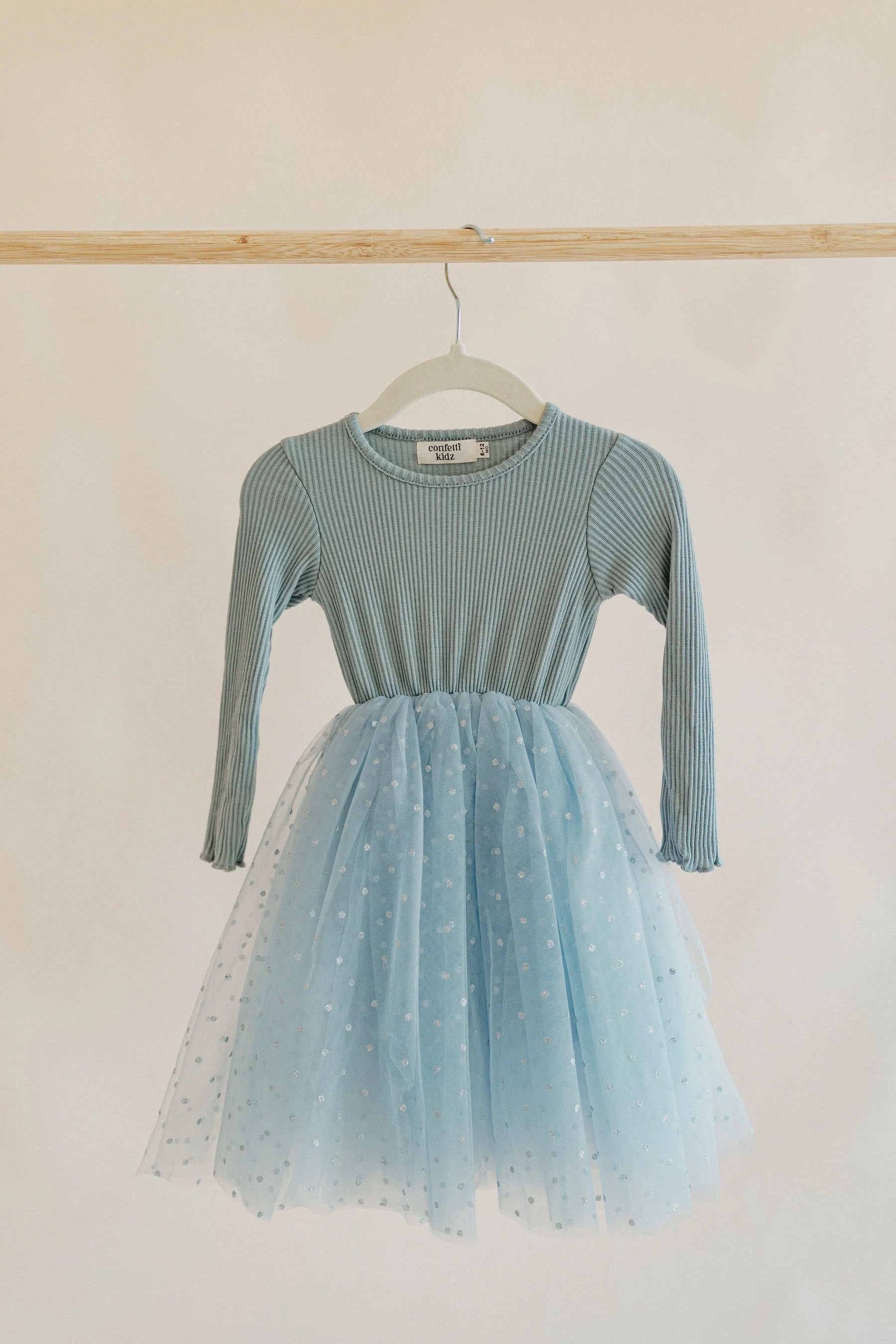 Tulle Party L/S Dress | Dusty Blue Dots