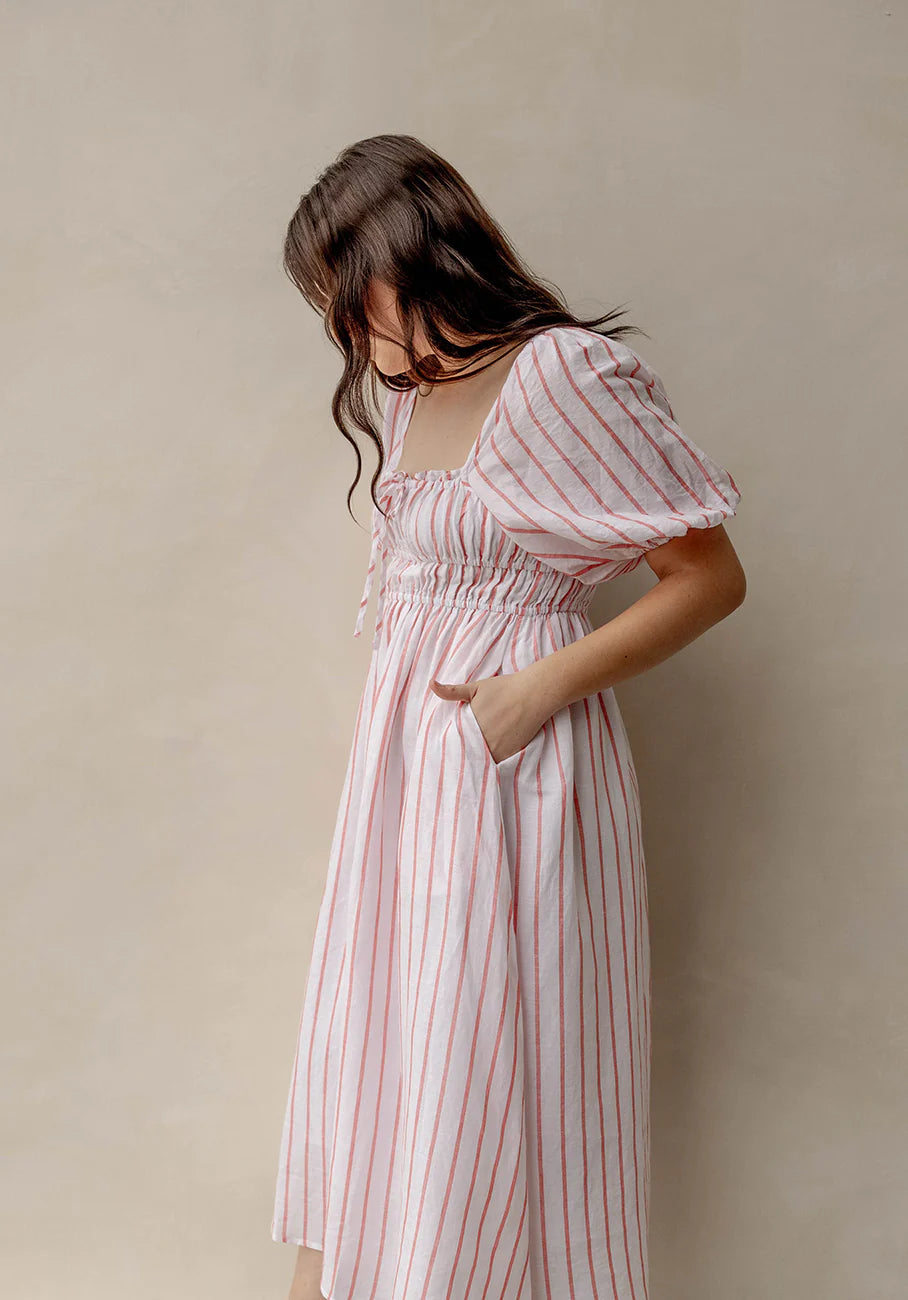 Puff Sleeve Womens Milkmaid Dress | Tomato Stripe