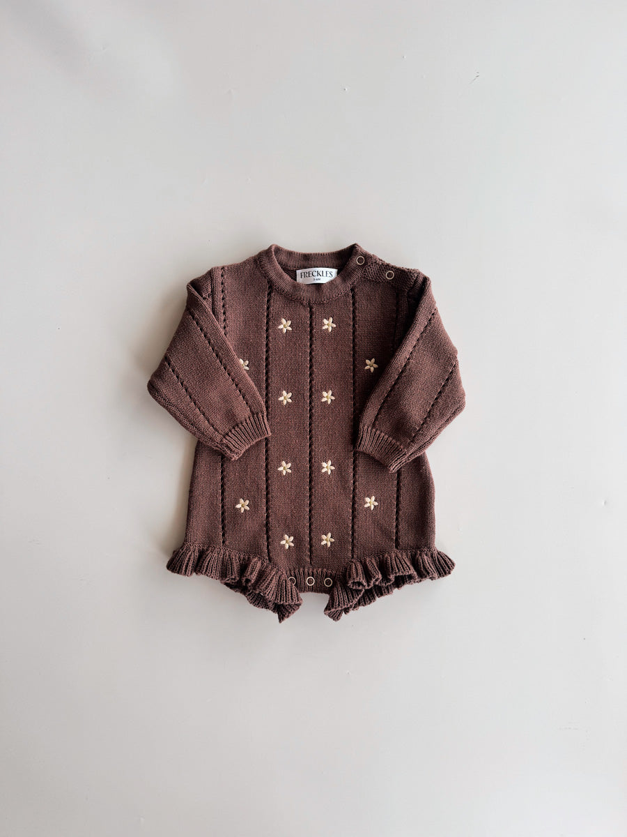 Embroidered Pointelle Romper | Brown Daisy