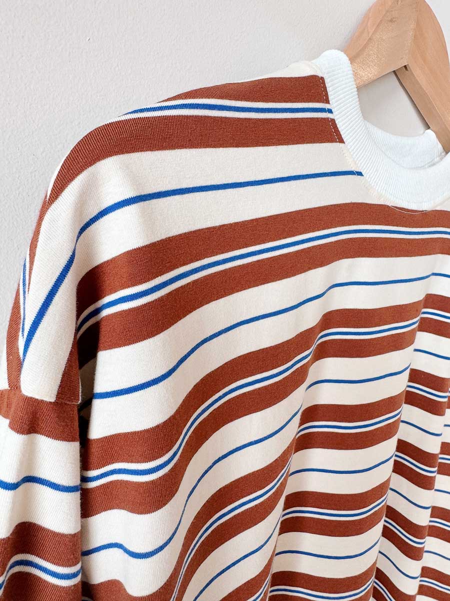 Womens LS Tee | Cream/Brown/Blue stripe