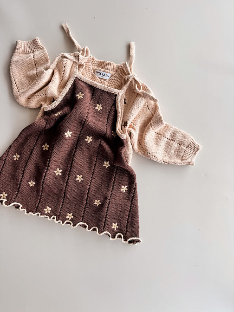 Cotton Knit Cardigan | Embroidery Brown Daisy