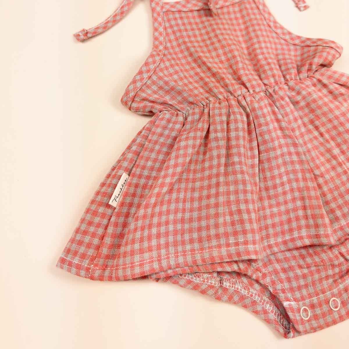 Emi Linen Romper | Coral Petite Check
