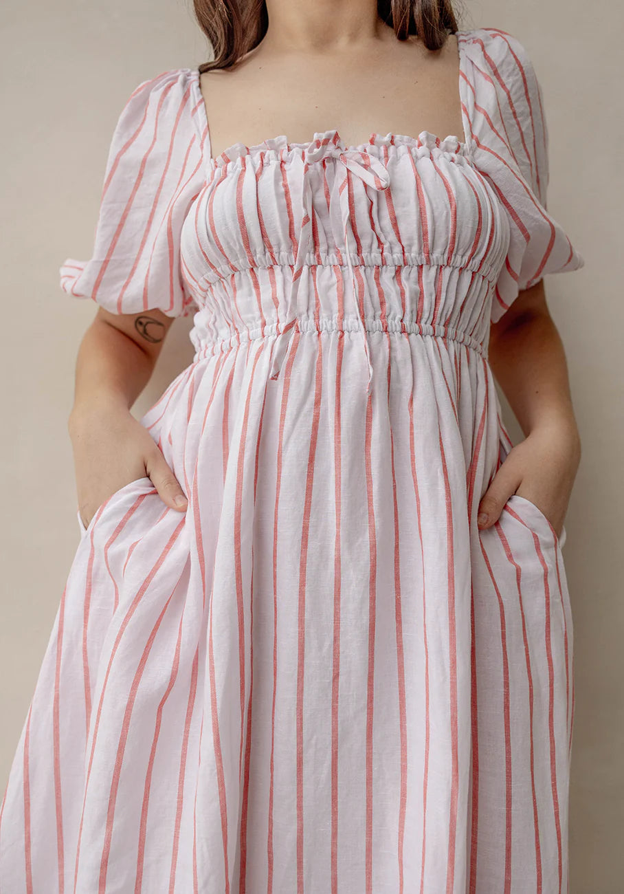 Puff Sleeve Womens Milkmaid Dress | Tomato Stripe