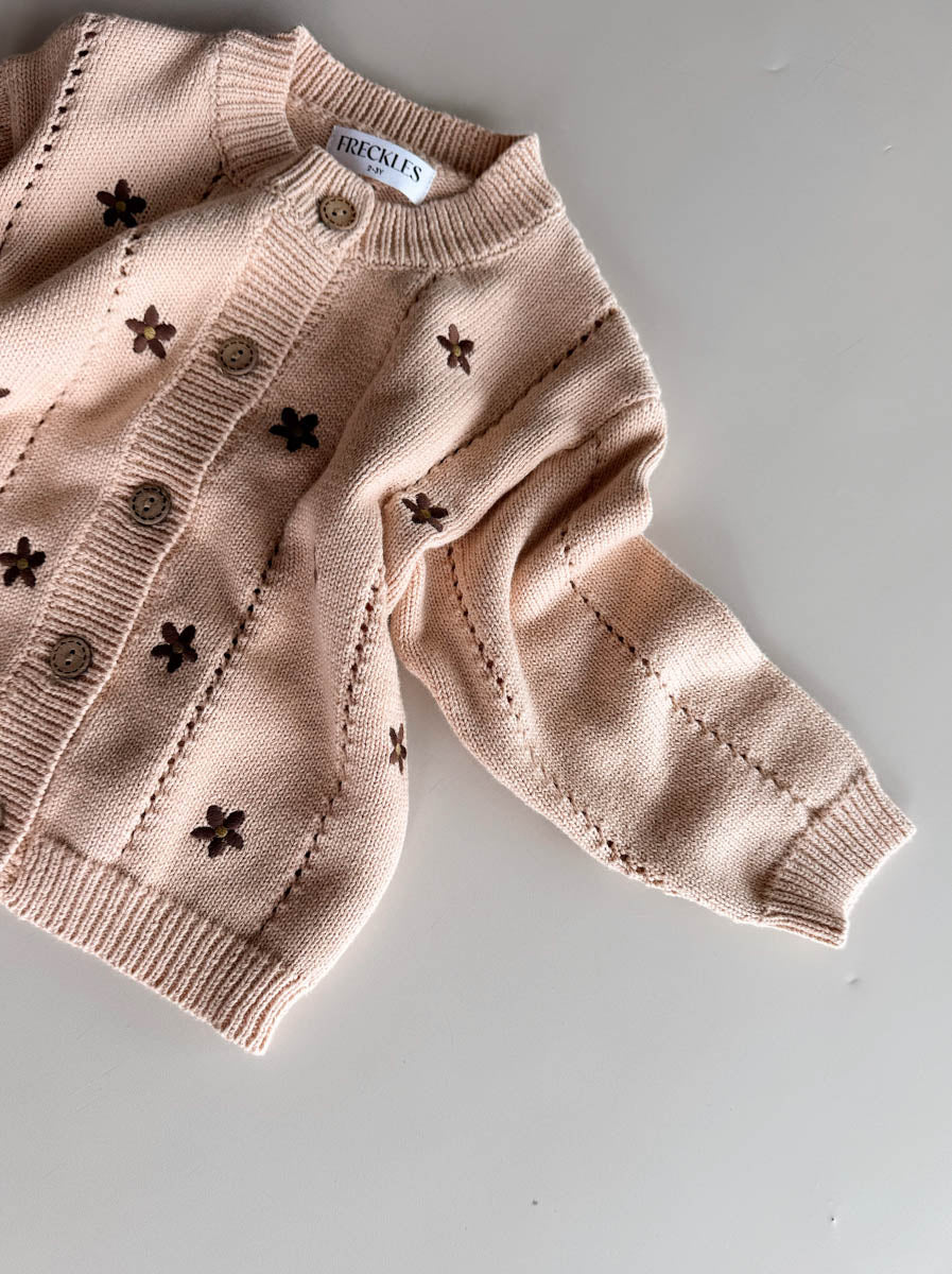 Cotton Knit Cardigan | Embroidery Brown Daisy
