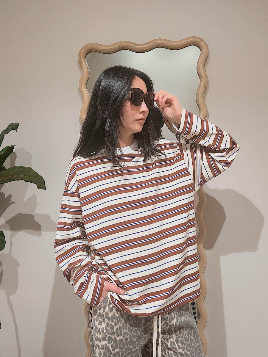 Womens LS Tee | Cream/Brown/Blue stripe