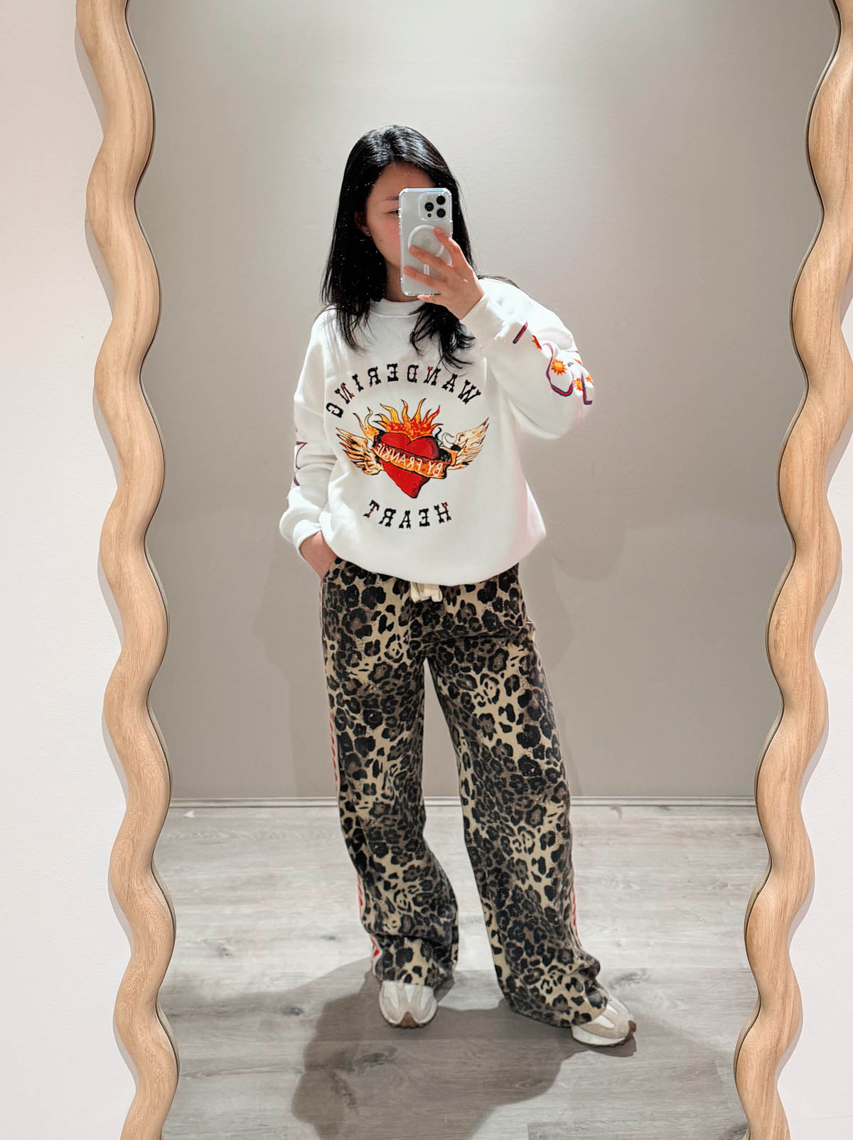 Women's Denim Pants | Leopard/ Red Heart Trim