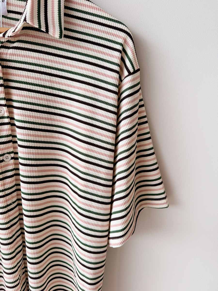 Womens SS Ribbed Shirt | Beige/Green/Pink