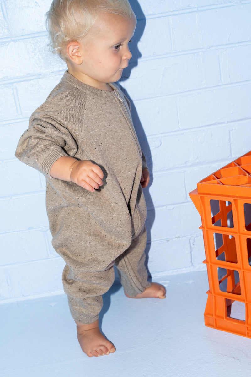 Organic Speckle Knit Zipper Starsuit - Oatmilk