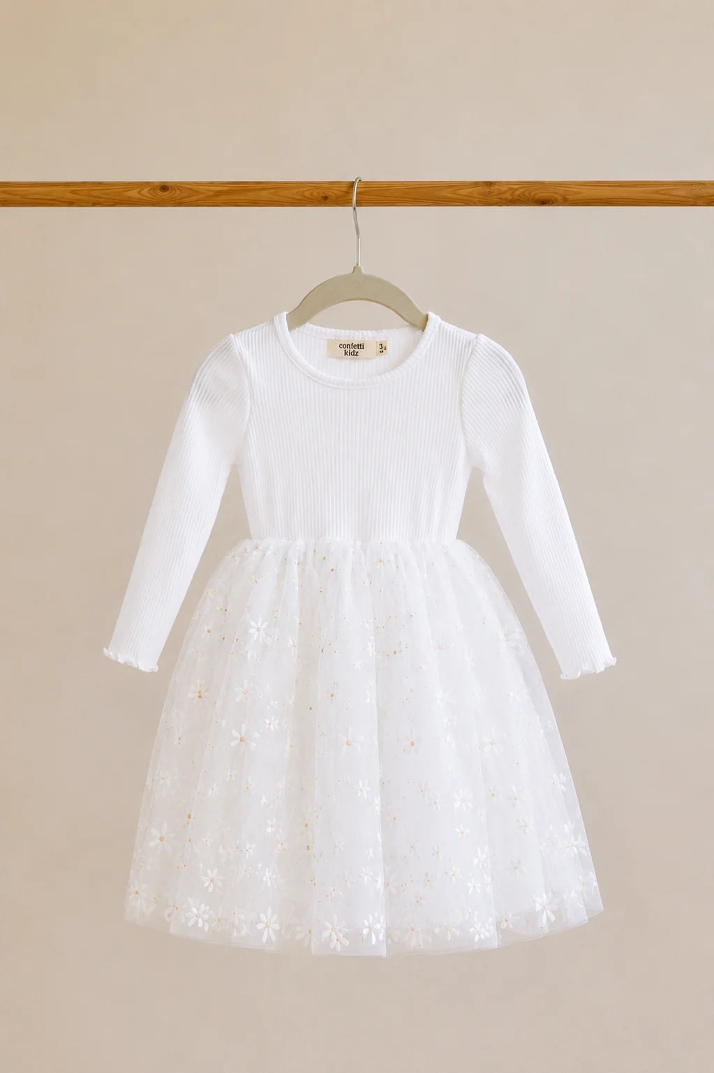 Tulle Party L/S Dress | White with Golden Daisies