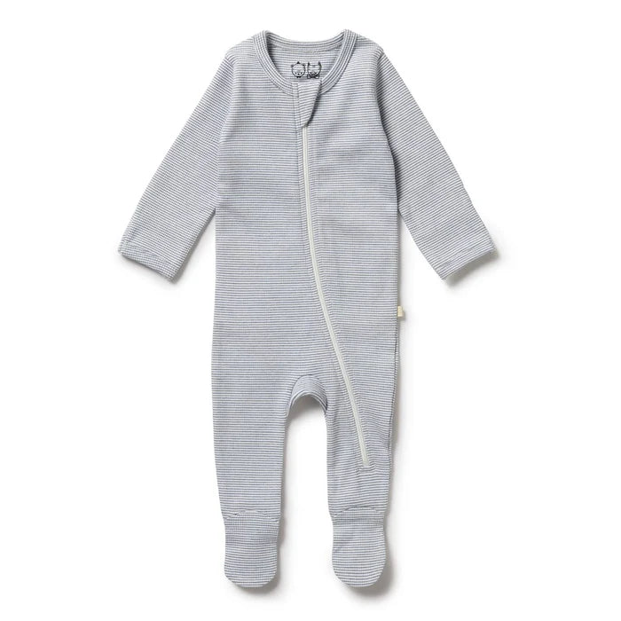 Organic Stripe Rib Zipsuit with Feet | Rain Drop