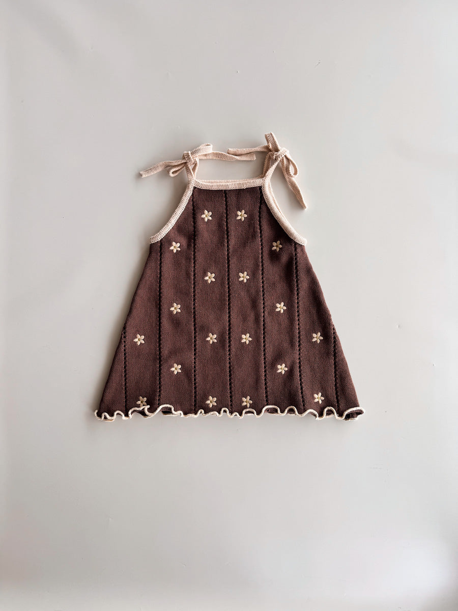 Pointelle Tie Dress | Brown Embroidery Daisy