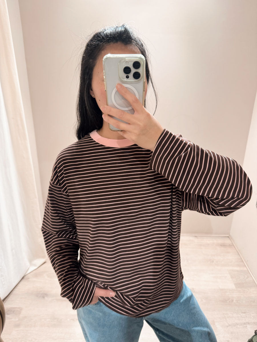 Womens LS Tee | Pink/Choc stripe