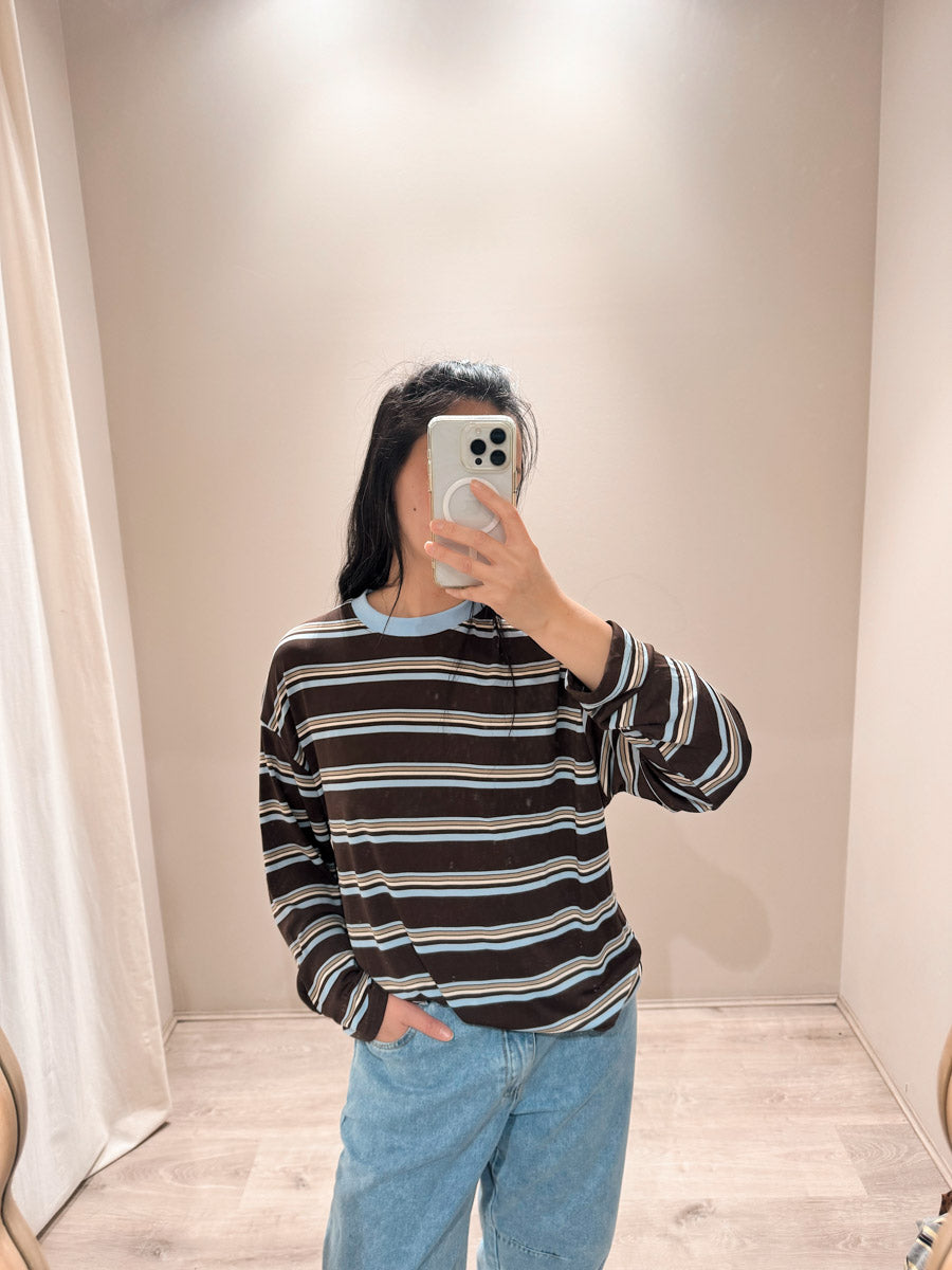 Womens LS Tee | Choc/Blue stripe