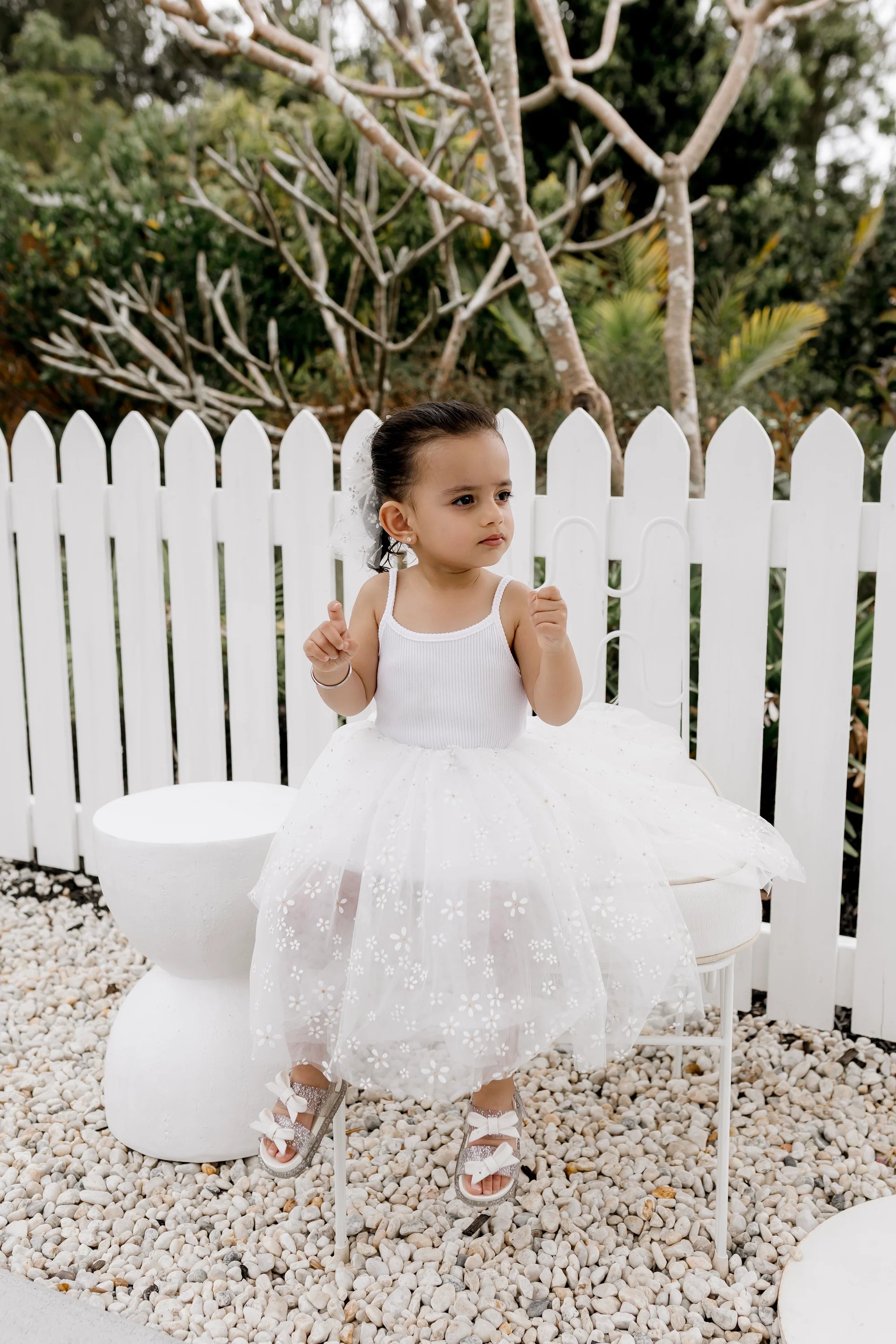 Tulle Party Dress | White with Golden Daisies