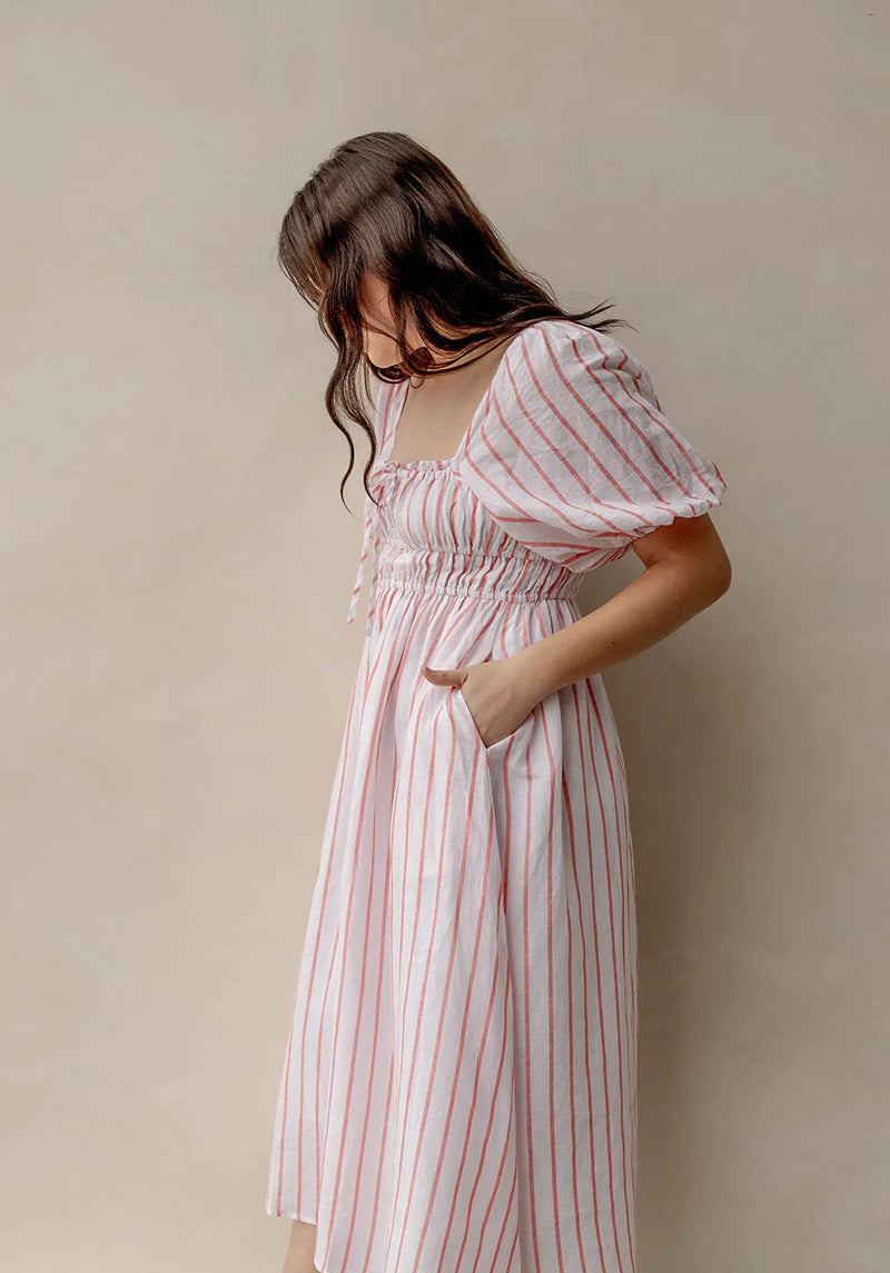 Puff Sleeve Womens Milkmaid Dress | Tomato Stripe