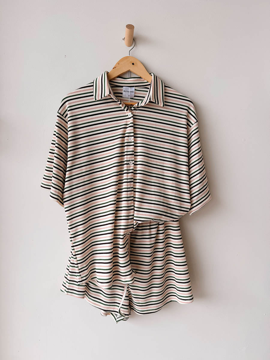 Womens SS Ribbed Shirt | Beige/Green/Pink