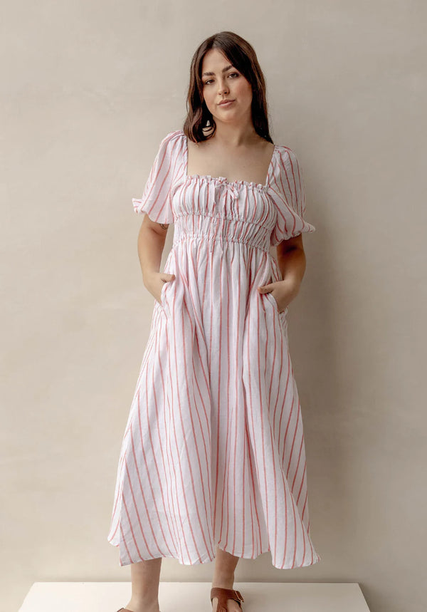 Puff Sleeve Womens Milkmaid Dress | Tomato Stripe