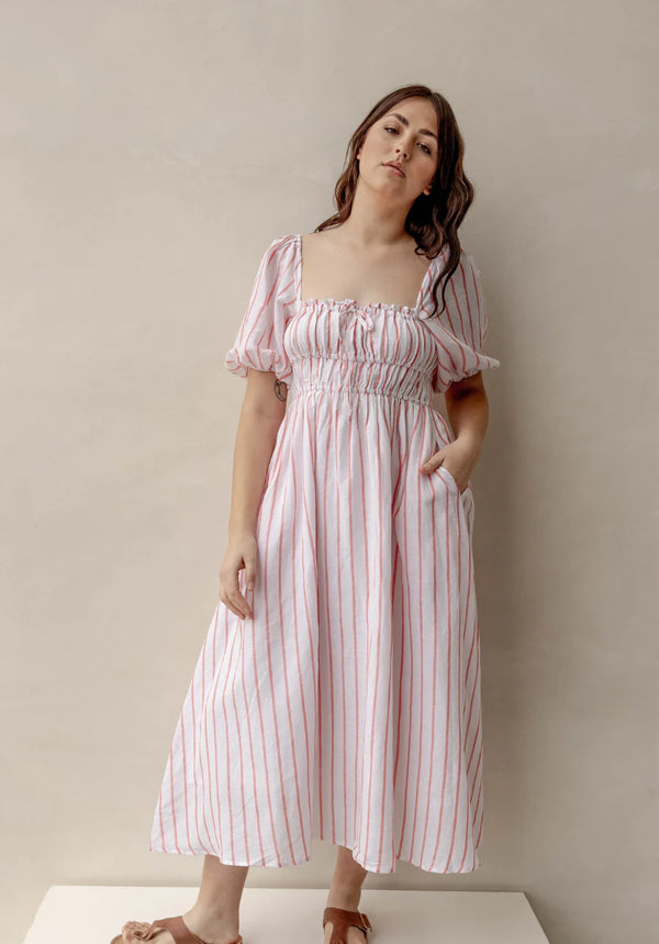 Puff Sleeve Womens Milkmaid Dress | Tomato Stripe
