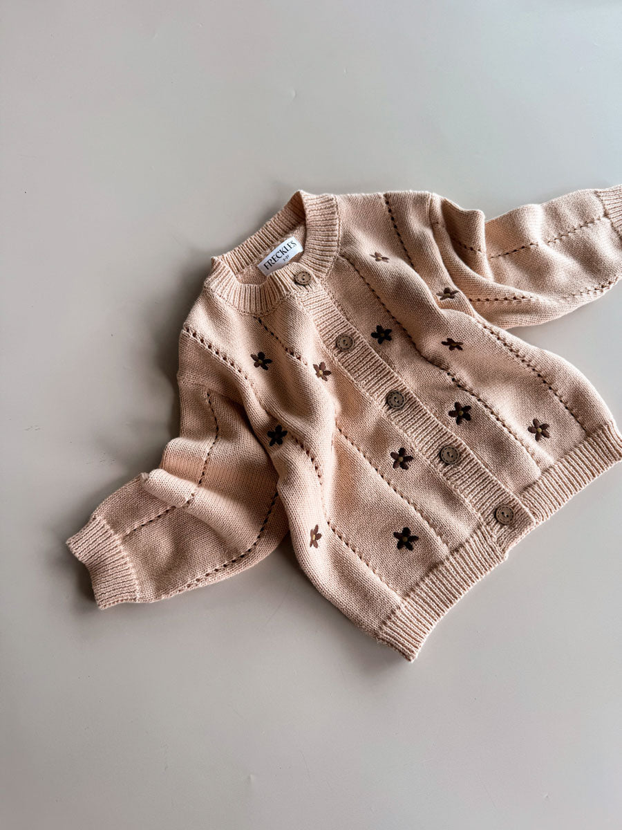 Cotton Knit Cardigan  | Embroidery Brown Daisy