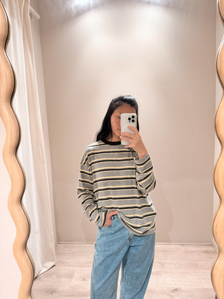 Womens LS Tee | Grey/Yellow/Choc stripe