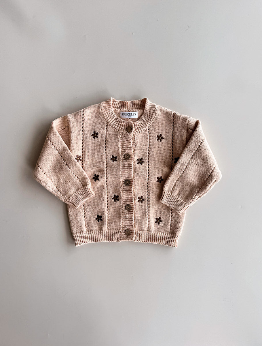 Cotton Knit Cardigan  | Embroidery Brown Daisy