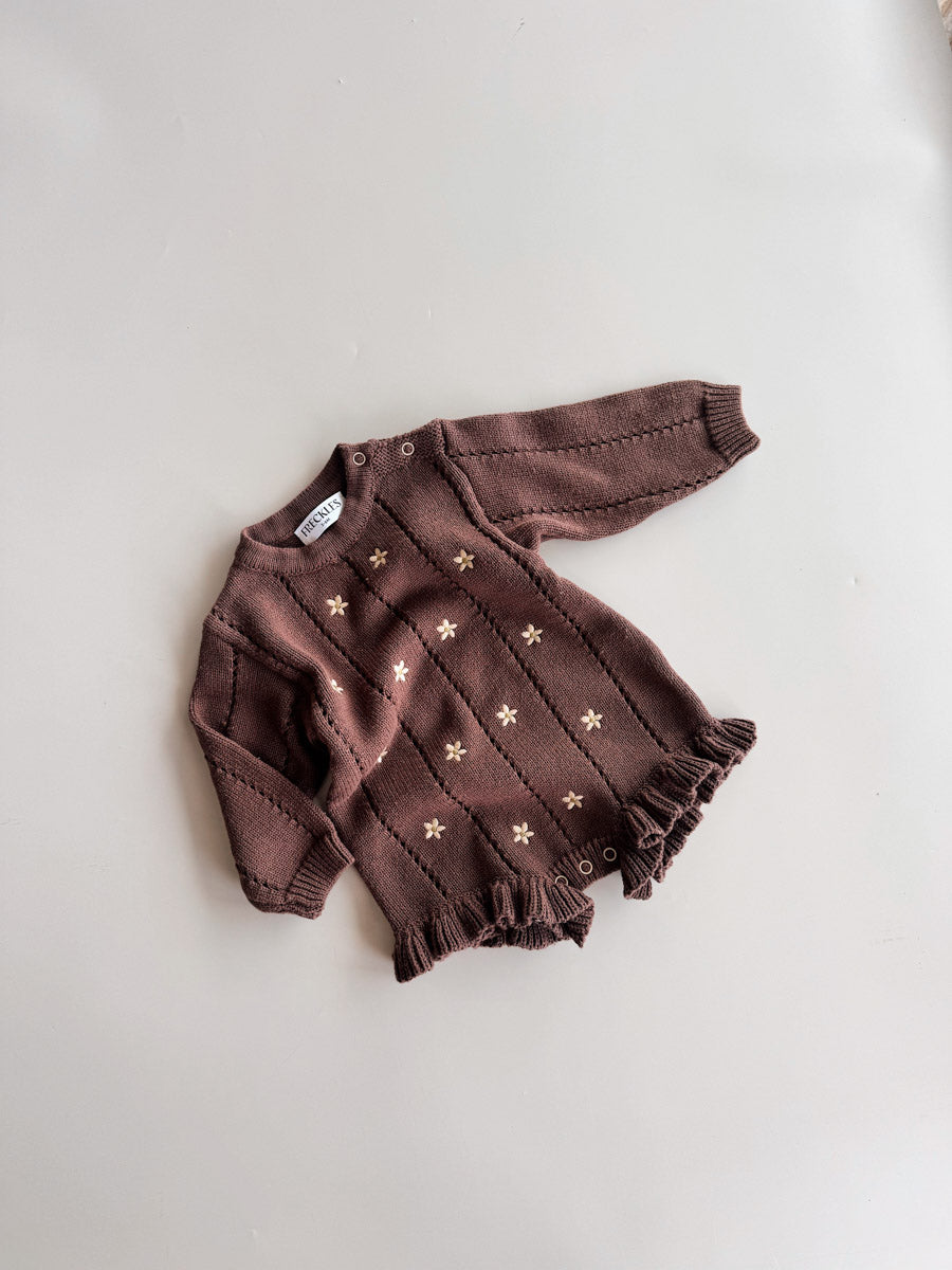 Embroidered Pointelle Romper | Brown Daisy