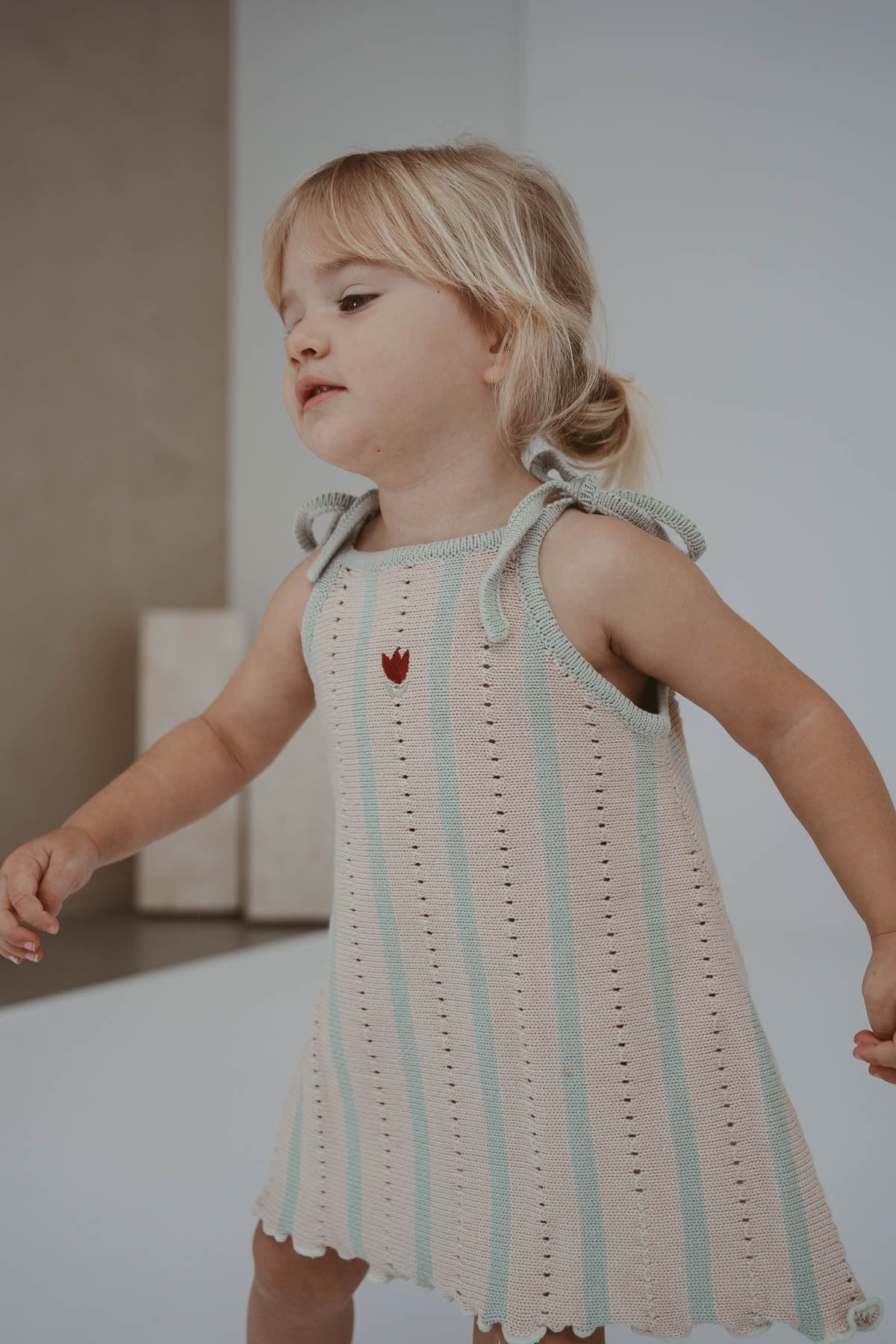 Embroidered Pointelle Tie Dress | Mist Stripe