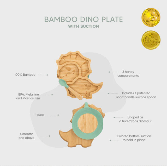 Bamboo Plate with Green Suction and Spoon | Dino