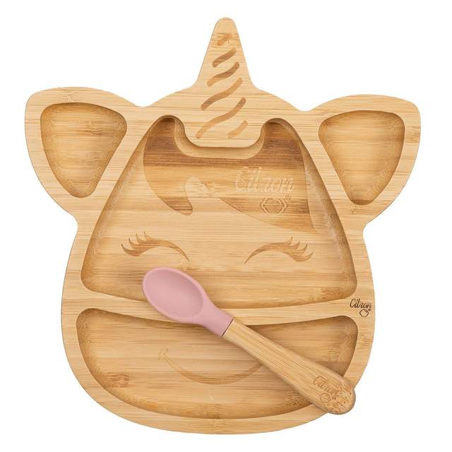 Bamboo Plate with Blush Pink Suction and Spoon | Unicorn