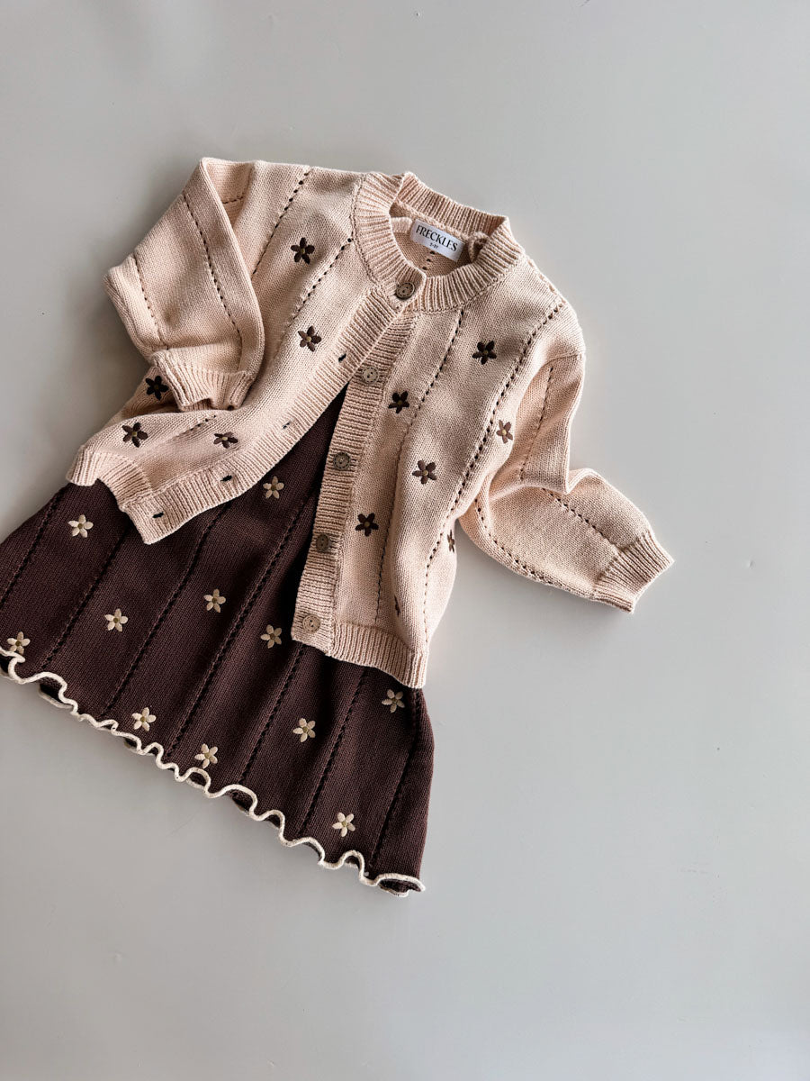Cotton Knit Cardigan  | Embroidery Brown Daisy