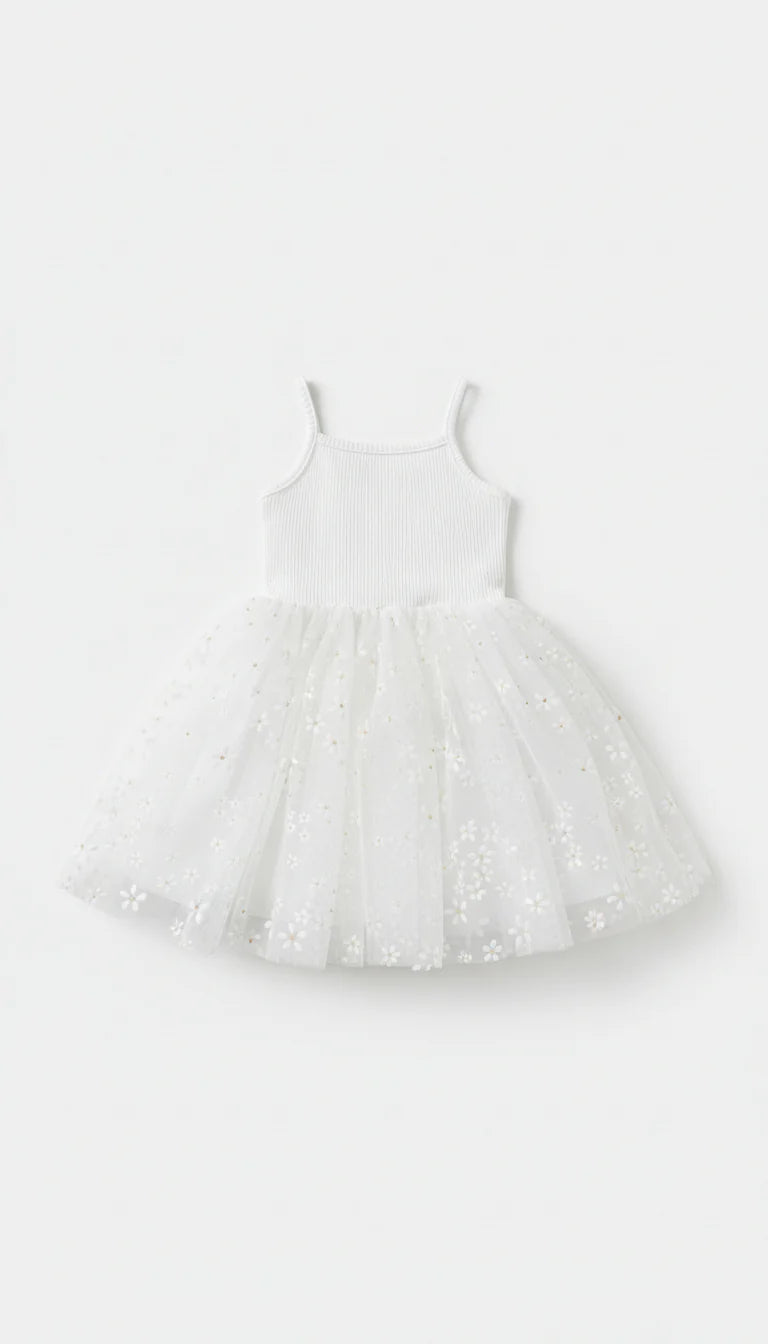 Tulle Party Dress | White with Golden Daisies