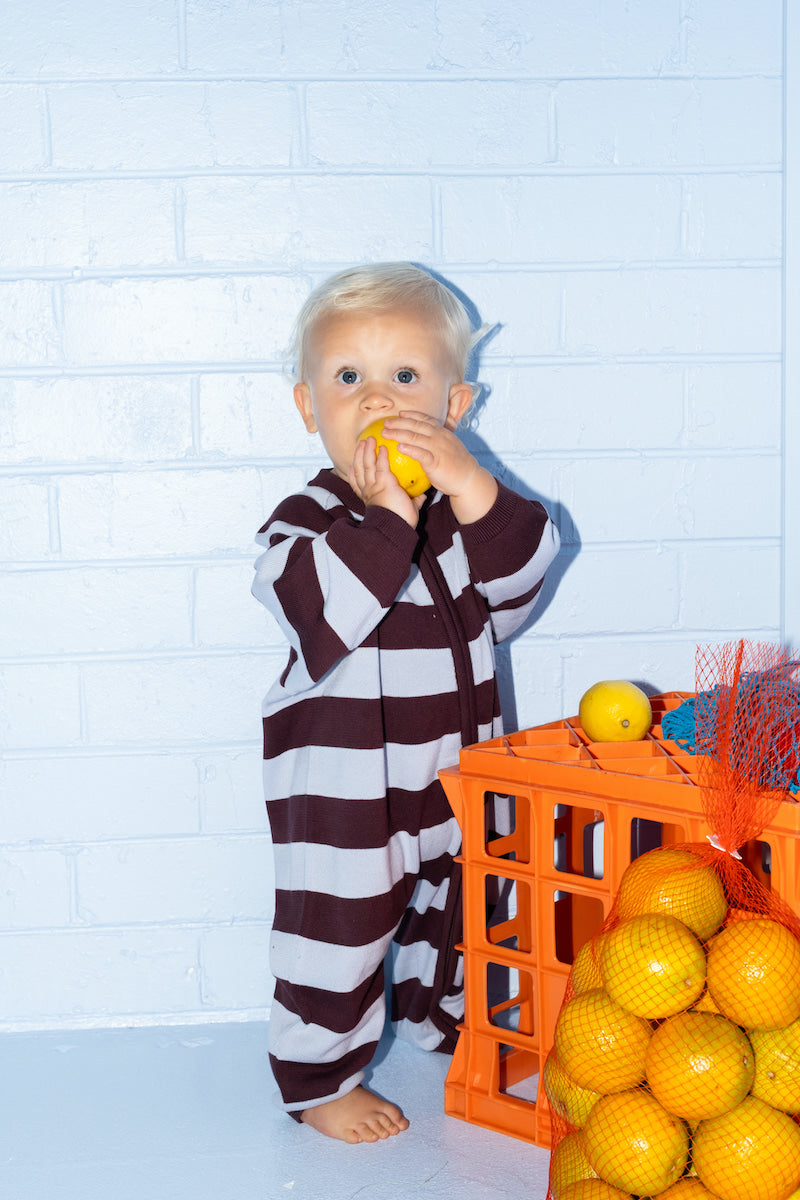 Organic Stripe Zipper Knit Starsuit - Plum & Haze