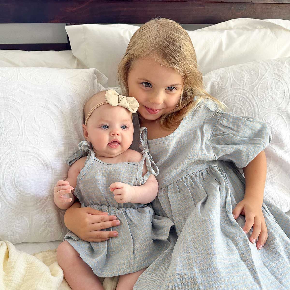 Emi Linen Romper | Seafoam Blue Petite Check