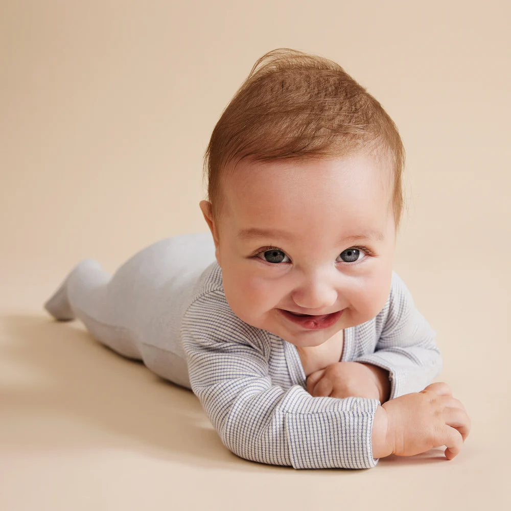 Organic Stripe Rib Zipsuit with Feet | Rain Drop