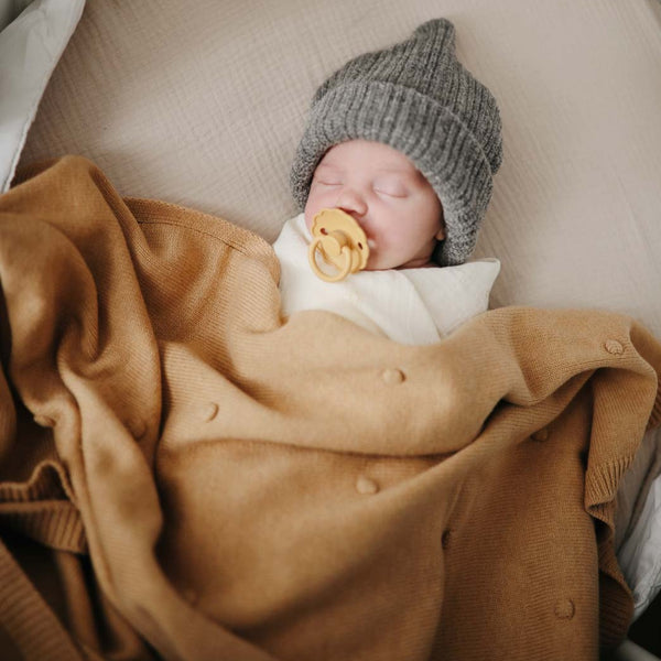 Organic Knitted Baby Blanket | Dot Mustard